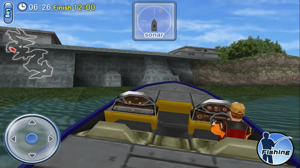 Ecrã de Bass Fishing 3D on the Boat: vista do convés de um barco parado junto a um paredão de betão.