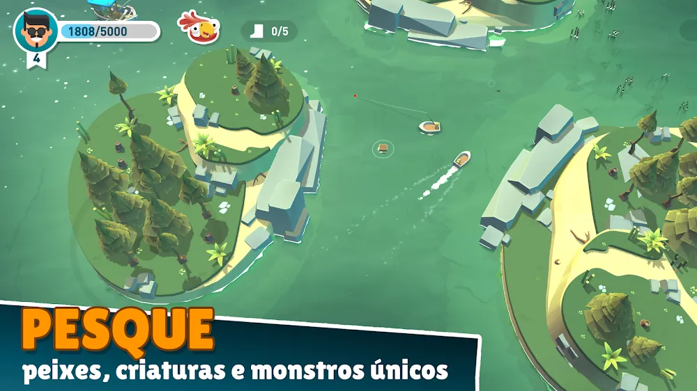 Ecrã de Creatures of the Deep: uma baía vista de cima, com ilhas verdes e um barco a atravessar a água.