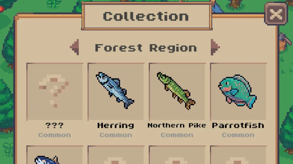 Ecrã de Walk to Fish: o caderno de espécies do jogo, desenhado em pixéis, com peixes já identificados na região da floresta.